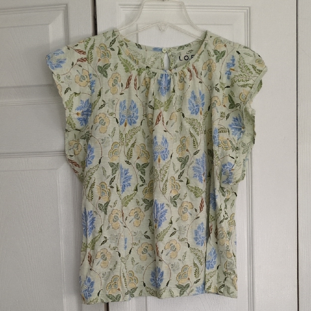 LOFT Pale Green Floral Flutter-Sleeve Blouse